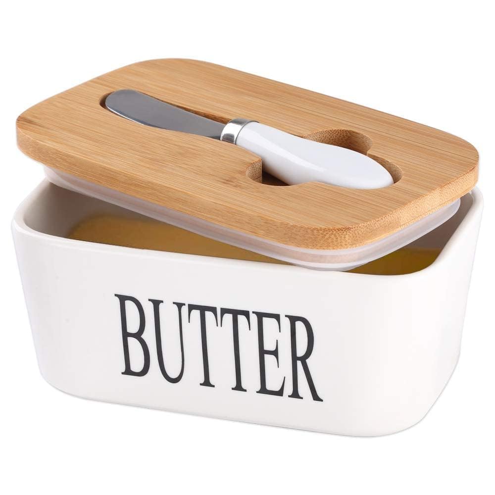 Ceramic Butter Dish with Wooden Lid.
