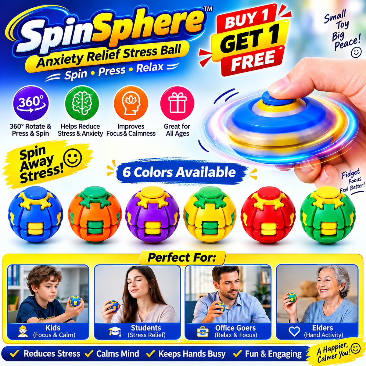 SpinSphere Press-to-Spin Stress Ball (Buy 1 Get 1 Free)
